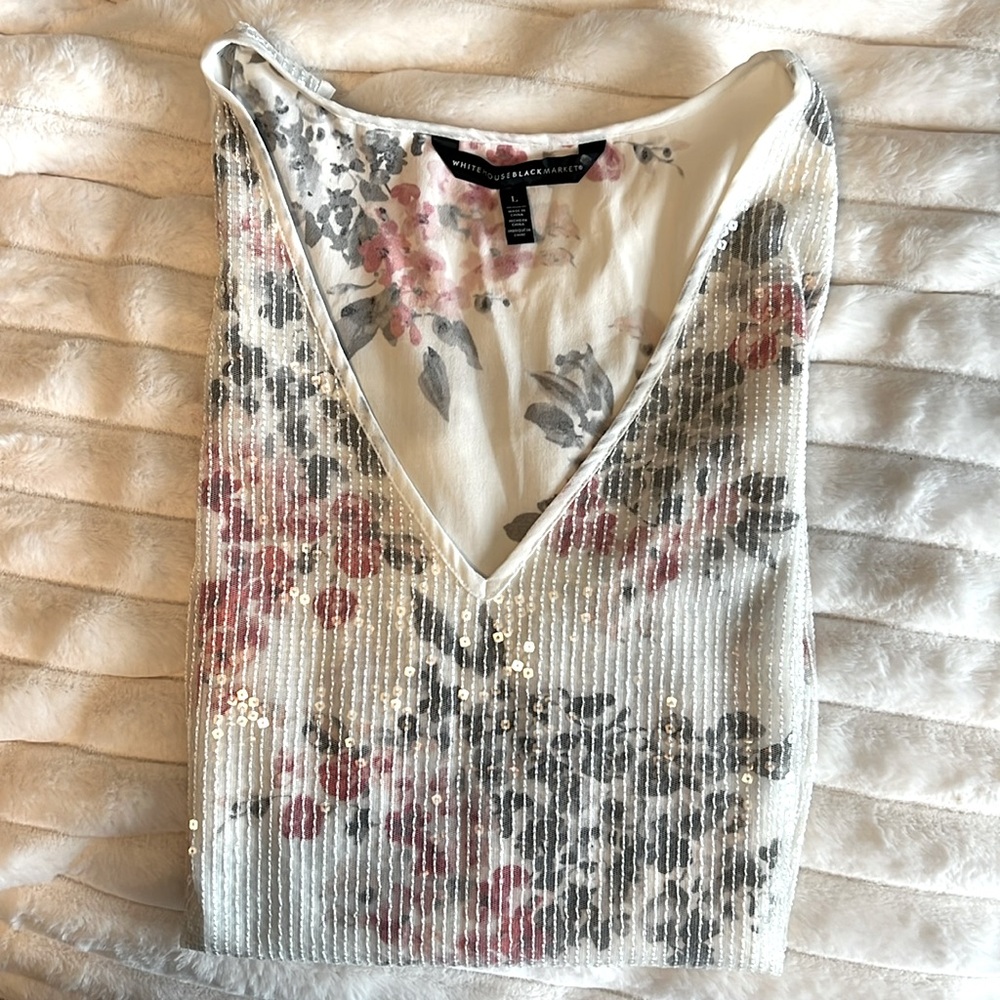 White House Black Market Ivory Floral Sequin V-Neck Tank